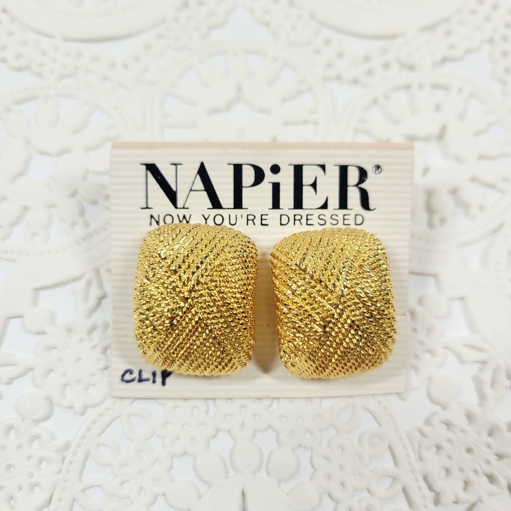 Vintage '90s Chunky Square Gold Tone Napier Hinged Back Earrings New On Card